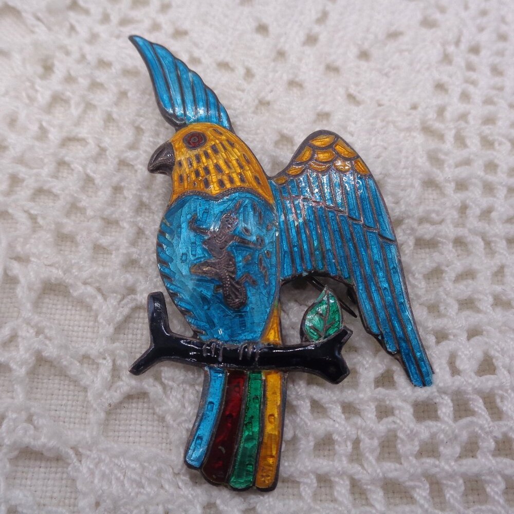 Vintage Siam Sterling Silver Enamel Parrot Brooch Dancer